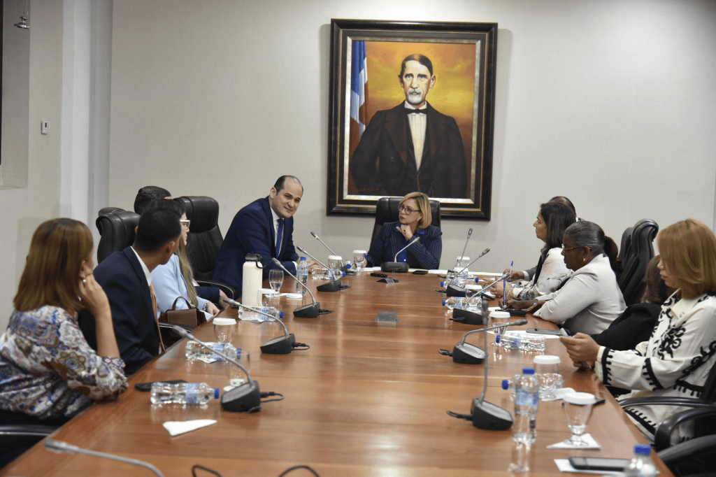 Reunión de varias personas en una sala de conferencias, con un retrato en la pared. Hay micrófonos y botellas de agua en la mesa.